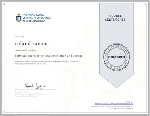 Software Engineering Implementation and Testing certificate