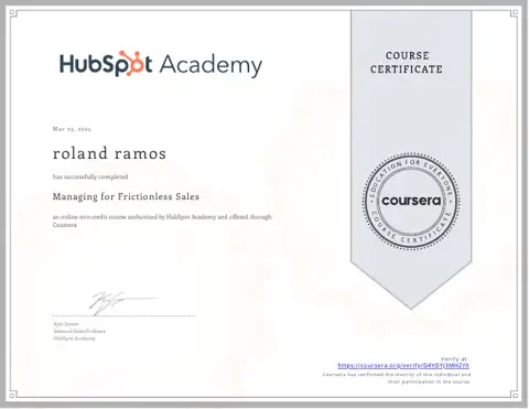 Managing for Frictionless Sales certificate