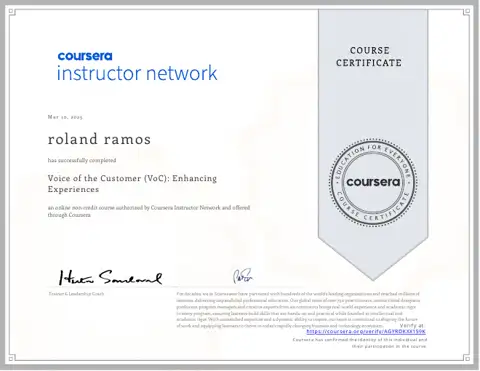 Voice of the Customer (VoC) Enhancing Experiences certificate