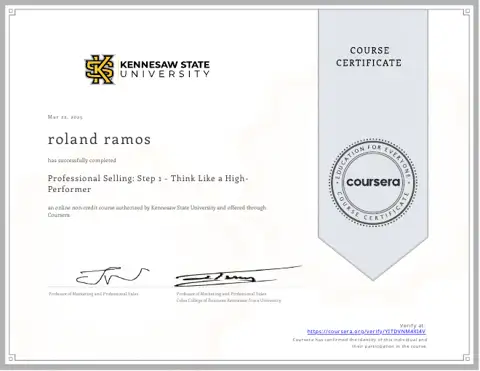 Professional Selling Step 1 - Think Like a High-Performer certificate