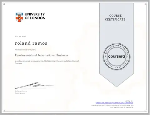 Fundamentals of International Business certificate