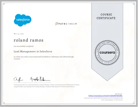 Lead Management in Salesforce certificate