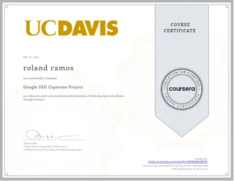 Google SEO Capstone Project certificate