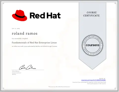 Fundamentals of Red Hat Enterprise Linux certificate