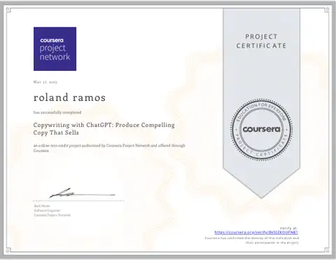 Copywriting with ChatGPT Produce Compelling Copy That Sells certificate