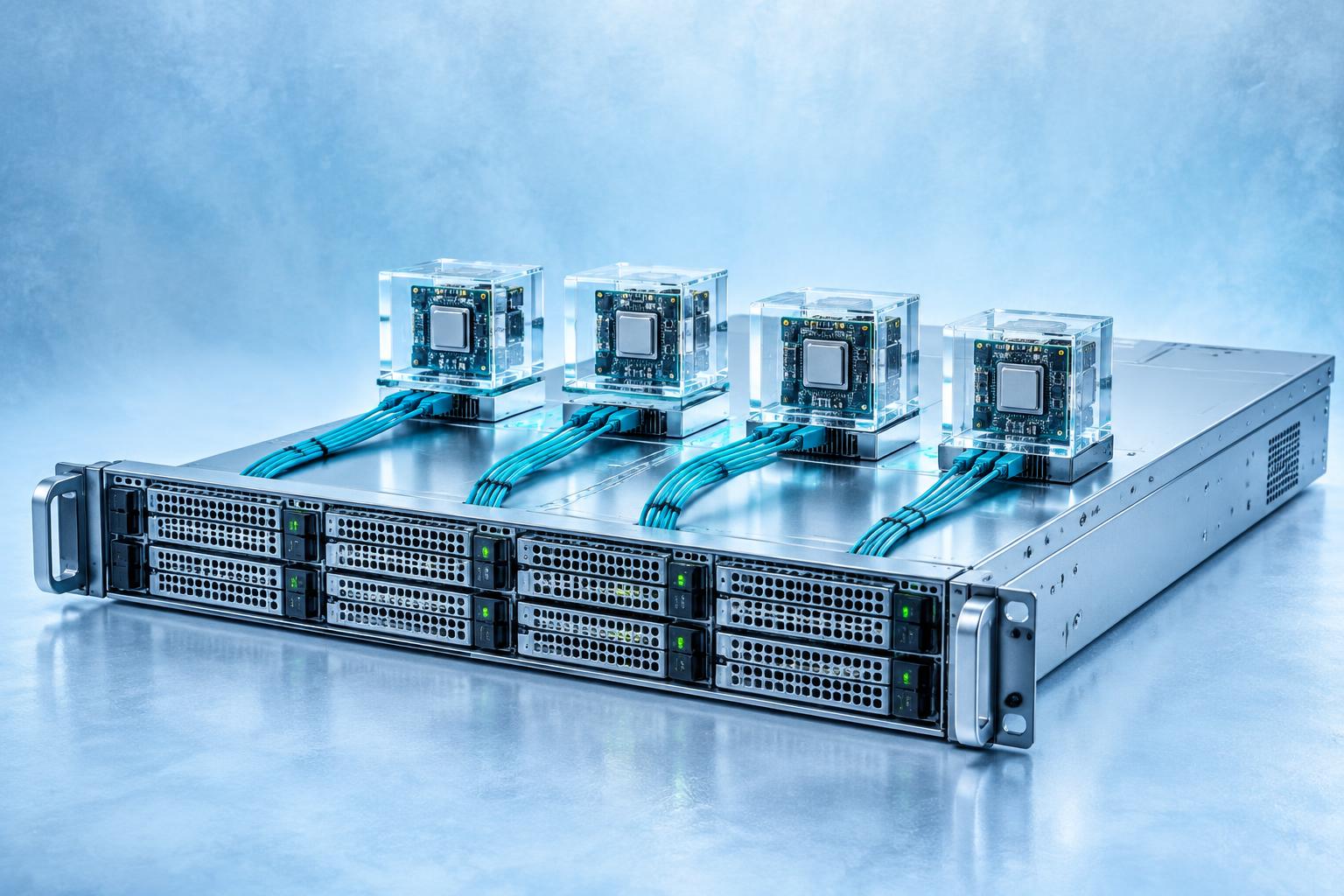 Virtual processor modules connected to a silver server on a frost-blue background
